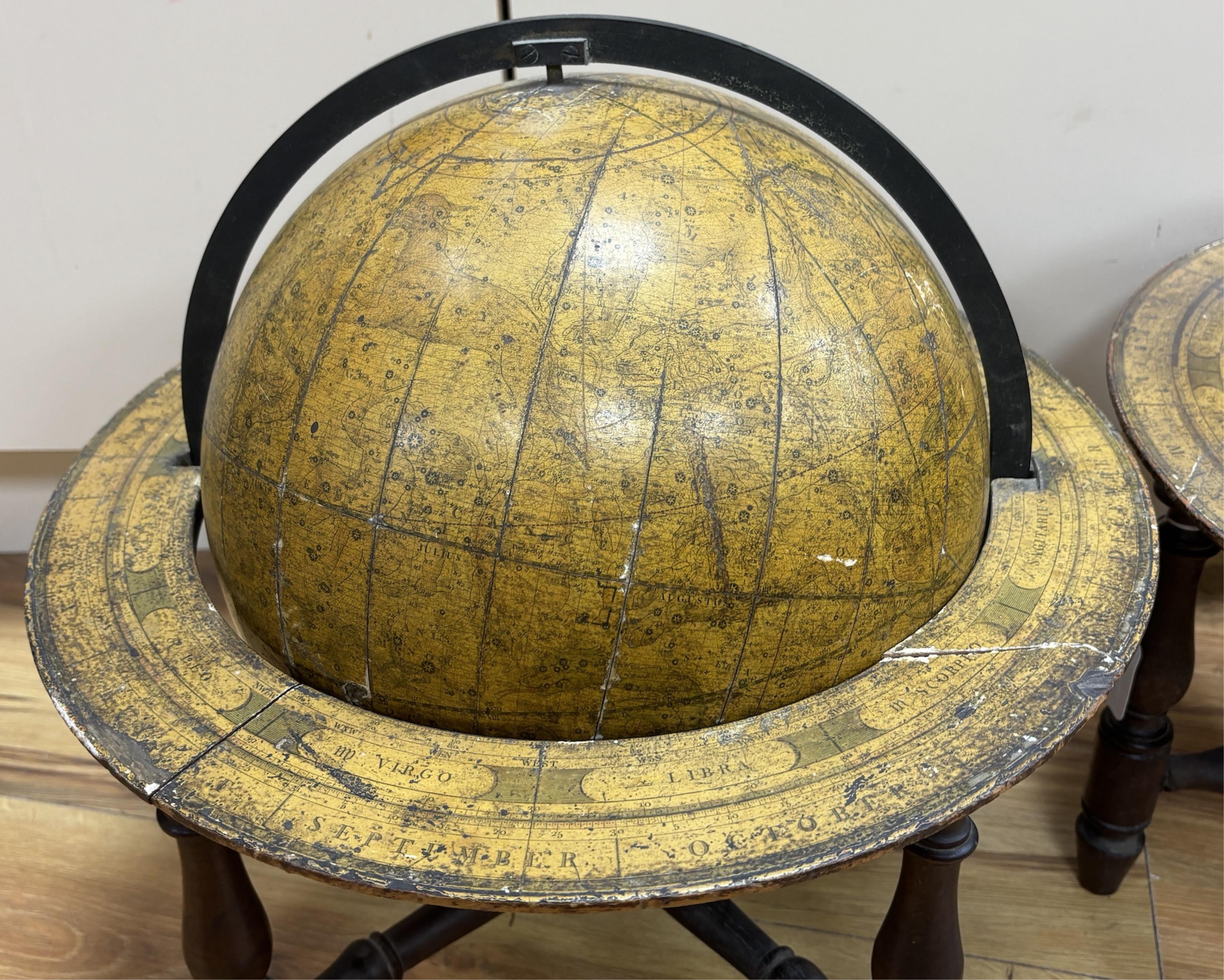 A pair of early to mid-19th century Cary celestial and terrestrial 12 inch globes with associated stands, each globe on a turned mahogany frame with applied paper zodiac and month ring at the equator